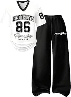 SOLY HUX Girl's Sporty Outfits Number Graphic Jersey Shirt and Baggy Sweatpants Suit 2 Piece Set