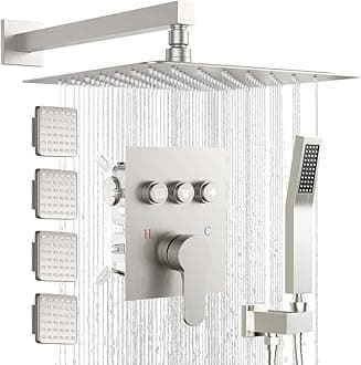 Shower System with Body Jets, Bostingner Shower Faucet Set 12" Rain Shower Head with Handheld Spray, Can Use at Same Time, 3 Way Push Button Diverter Shower Set Complete, Brushed Nickel