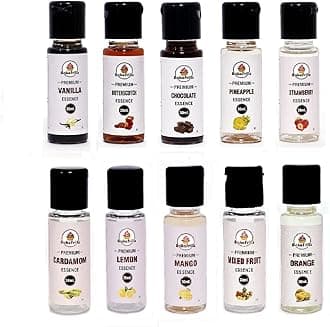 - Food Essence | Pack of 10 (30 ml x 10) - Vanilla, Strawberry, Butterscotch, Pineapple, Chocolate, Mango, Mix Fruit, Cardamom, Lemon & Orange Flavours