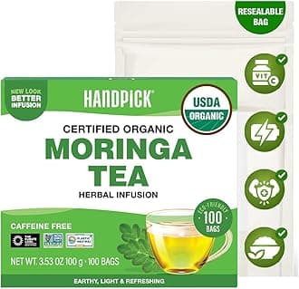 HANDPICK, Organic Moringa Tea Bags (100 Count), Pure Moringa Leaves | Authentic Indian Origin | Caffeine Free, Non GMO | Round Eco-conscious Teabags