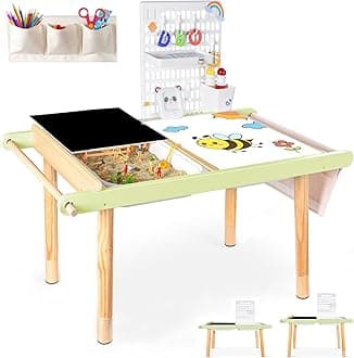 LOL-FUN Children’s Tables, Multifunctional Sensory Table with Storage Bins and Pegboard Kit, Wooden Activity Table with Blackboard and Whiteboard, Kid’s Desk for Drawing, Playing Sand and Water