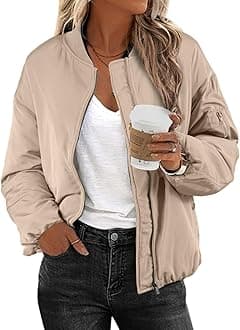 EVALESS Winter Jacket for Women Dressy Casual Fall Clothes Trendy 2024 Teacher Outfits Cute Oversized Bomber Jackets Long Sleeve Zip Up Cropped Down Jeacket Lightweight Coat with Pockets, Khaki Medium