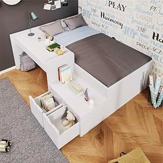 BTM Kids Bed with Desk and Drawers, Wooden Single Bed with Storage, Single Bed with Slatted Frame, Lying Surface for Teenagers & Adults, 3ft-90x190cm (No Mattress)