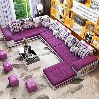 Poppins HOME Modern 6 Seater U Shaped Velvet Sectional Sofa for Classic Living Rooms Luxury Design Modular Fabric Set (Purple)