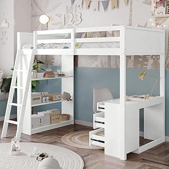 BTM Bunk Bed for Kids, Loft Bed with Desk, 4 Drawers and 4-step Ladder, 3 Rows of Shelves under the Lower Bunk, Multi-Drawer Design,White, 3FT-90x190cm (No Mattress)