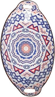 Nestasia Blue & Red Mandala Ceramic Long Dish with Handles for Serving Snacks, Appetizers, Salads, and Noodles| Microwave Safe, Dishwasher Safe (10.8 Inch)