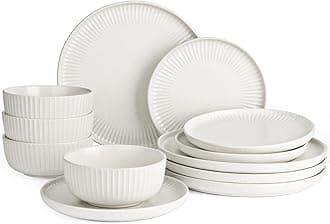 Famiware Starlight Plates and Bowls Dishes Set of 4 (12 Pieces), Ribbed Textured Stoneware Dinnerware Sets- Dishwasher & Microwave Safe, Chip Resistant, Matte Reactive White