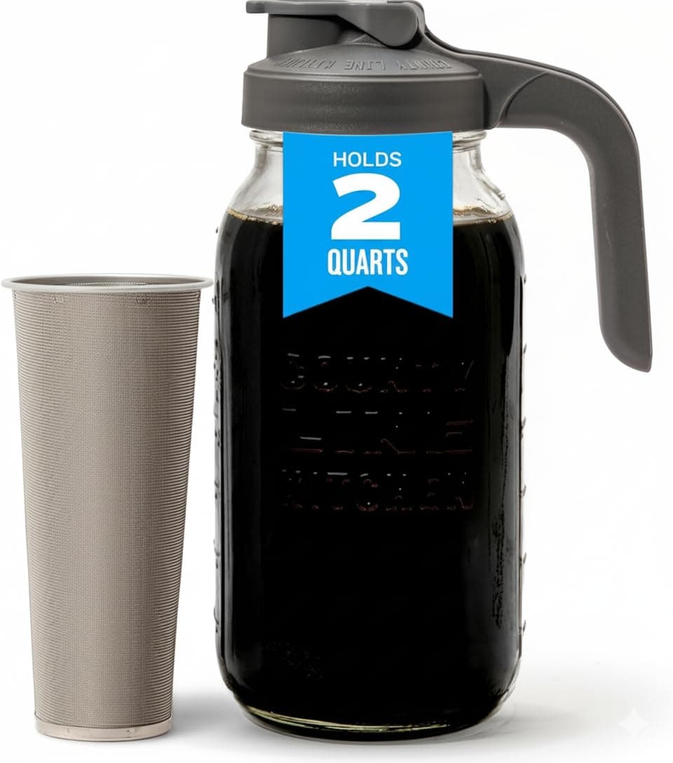 Glass Cold Brew Coffee Maker with Lid - Wide Mouth, 2 Quart (64 oz) - Heavy Duty, Leak Proof - Sun & Iced Tea Pitcher, Cold Brew Coffee, Breast Milk Storage, Water - Gray