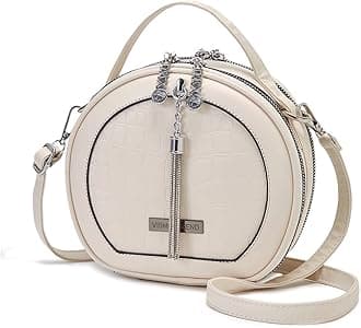 VISMIINTREND Stylish Vegan Leather Round Sling Bag for Women and Girls with Tassel and Removable Belt | Handbag | Crossbody | Satchel | Trendy | Ladies Purse | Side | Shoulder | Gift for Women, White,