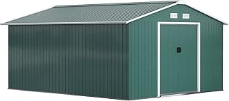 Outsunny 13 x 11ft Metal Garden Shed, Waterproof Outdoor Bike Storage Shed Galvanised with Vents, Foundation Kit, Apex Roof and Lockable Double Doors for Patio Lawn, Green