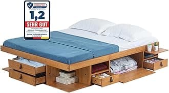 Bali Oak Bed with Base 160 x 200 cm – Solid Wood Bed and Lots of Storage Space, Ideal for Small Bedrooms – Practical, Sturdy and Elegant
