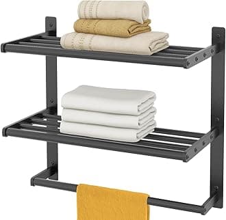 Bethom Hotel Towel Racks for Bathroom Wall Mounted, Towel Shelf for Bathroom 3-Tier, 16 Inch Matte Black Towel Bar with Shelf