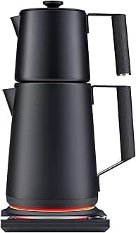 Saki Turkish Tea Maker Machine Pro, Electric Double-Pot Teapot 1.75L 120V, 120 Min Keep-Warm, Stainless Steel BPA-Free, Auto Shut-Off & Boil-Dry, LED Brew Ring, Matte Black