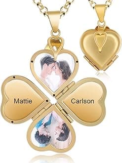 Nobelook Personalized Love Heart Locket Necklace That Holds 4 Photos Customizable Pendant Charms For Women Gold Plated Vintage Necklace for Mother Girls Christmas Birthday Gift Chain Length 31.49" Adjustable