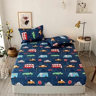 Kids Fitted Sheet Boys Cute Cartoon Cars Bed Sheet Set King for Children Toddler Bedroom Decor Lovely Vehicle Car Bedding Set Soft Bright Blue Bed Cover with 2 Pillow Case (Flat Sheet Not Included)