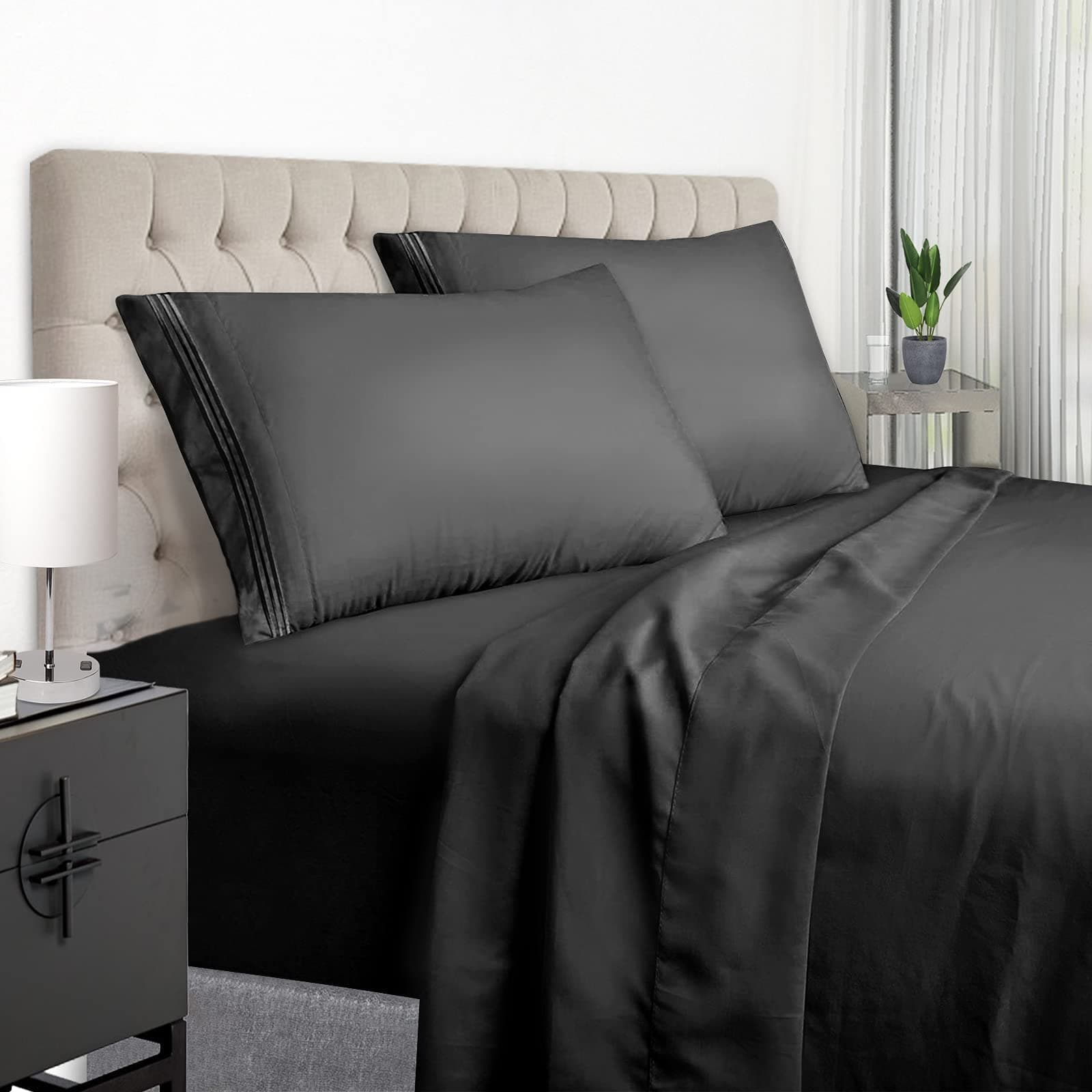 EaseHome Luxury King Bed Sheets Set Black- Super Soft Brushed Microfiber King Size Sheets with 18-Inch Deep Pocket - Breathable Wrinkle and Hypoallergenic-4 Piece(King,Black)