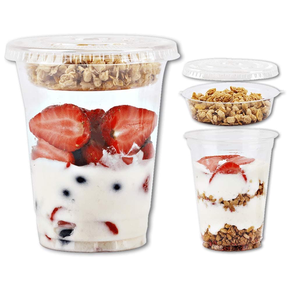 Aatriet Clear Plastic Parfait Cups with Insert &Lids No Hole - Yogurt Fruit Parfait Cups for Kids, for Dips and Veggies, Take Away Breakfast and Snacks. No Leaking (12oz. flat, 50sets)