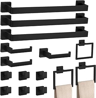 15-Piece Matte Black Bathroom Accessories Set – 23.6" Towel Bar, Towel Ring, Toilet Paper Holder & Hooks, Wall Mounted Bathroom Hardware, Rust & Corrosion-Resistant, Ideal for Modern Bathrooms