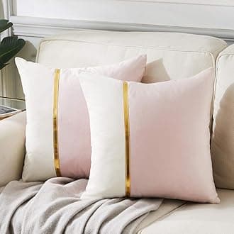 2 Packs Decorative Throw Pillow Covers 18x18 Inch for Living Room Couch Bedroom, Blush Pink and White Velvet Patchwork with Gold Leather, Luxury Modern Home Decor Cute Cushion Case 45x45 cm