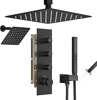 Shower Faucet Set,Thermostatic Shower System,12 Inch Ceiling Mounted and 6 Inch Wall Mount Rain Shower Head with 2 in 1 Handhled,High Pressure Dual Shower Head Combo Set Matte Black