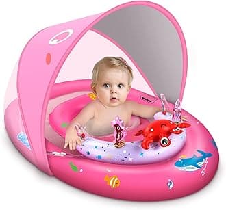 LAYCOL Baby Pool Float with UPF50+ Sun Protection Canopy & Toy Play Console, Inflatable Pool Float for Pool, Baby Swimming Float with Adjustable Safety Seat, Toddler Float for 6-36 Months Boys Girls