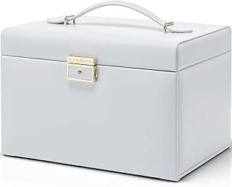 VlandoVelvet Jewelry Organizer Box for Women, Large Leather Jewelry Storage Box with Locked, Mirrored, 3 Drawer for Watch Necklace Ring Earring Storage, Gift for Girl Women and Mom - Light Blue