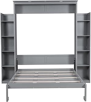 Harper & Bright Designs Queen Size Murphy Bed, Wooden Wall Bed with Shelves and LED Lights, Gray
