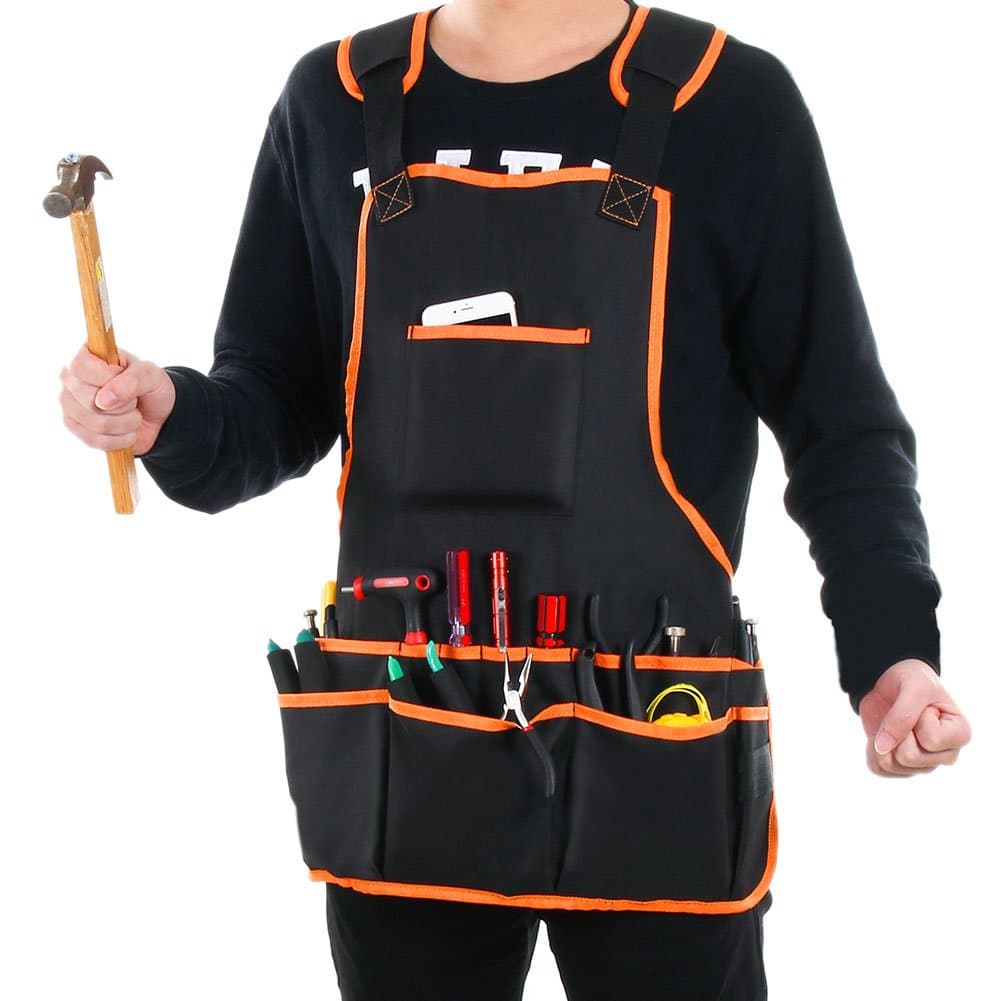 Waterproof Work Apron-LYPULIGHT Ultra Light Tool Apron with 16 Tool Pockets and Waterproof Lining Ajustable Cross Back Tie Suit for Heavy Duty,Garden and More Actives
