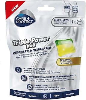 CARE + PROTECT Triple Power Pod Descaler & Degreaser for Washing Machine/Dishwasher, Full Cycle Hygieniser, Cleaner, Limescale Remover, Energy Saving Solution, Pack of 6 Pods, 6 Months Protection