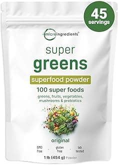 Super Greens Powder, 1lb | 100 Superfood Blend with Daily Greens, Fruits, Vegetables, Mushrooms & Probiotics | Source of Vegan Protein & Enzymes | Non-GMO, Gluten-Free, No Additives