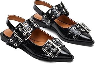 AimeryWomen Buckle Ballet Flats Pointed Toe Slingback Wide Flat Casual Comfortable Ballerina Block Heel Shoes