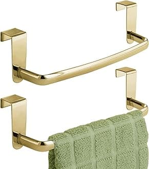 mDesign Steel Metal Wire Over Cabinet Towel Rack Storage Organizer - Hang on Cabinet or Door - Towel Bar Holder for Kitchen - Holds Hand Towels, Washcloths - Spira Collection, 2 Pack, Soft Brass