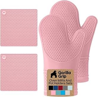 Gorilla Grip Heat and Slip Resistant Silicone Oven Mitt and Trivets Set, Waterproof, Cotton Lined Gloves, BPA-Free, Long Cooking Mitts and Trivet Mats, Kitchen Potholder Sets for Pans, 4 Pieces, Pink