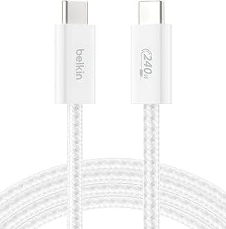 Belkin USB C to USB C Cable, 6.6ft, 240W - Type C Charger, iPhone Charger Cord, Soft, Braided, Flexible for iPhone 16, Galaxy S25, Pixel 9, MacBook, Chromebook, iPad Pro, Switch Steam Deck – White