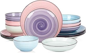 Selamica Ceramic 16-Pieces Dinnerware Set, Ceramic Dishes Set for 4, Kitchen Plates and Bowls Sets, Dinner Plates Set, Black Dots Design, Gradient Color