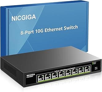 NICGIGA 8 Port 10G Ethernet Switch, 8x 10Gb Base-T Ports, Unmanaged, RJ45, Black Metal Case, Compatible with Desktops, Gaming Consoles, Routers, Printers, Laptops