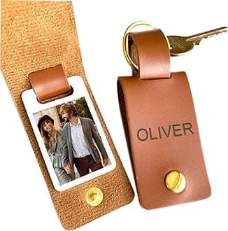 Personalised PU Leather Photo Keyring with Name | Gift for Dad Mum Girlfriend Couple Boyfriend | Keychain Birthday Present | Engraving Engraved