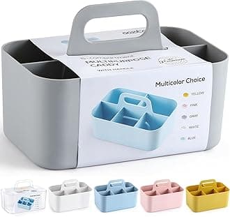 Multipurpose Caddy Organizer with Handle, 5 Cpmpartments - Stackable Plastic Caddy Box with Divider | Desk, Makeup, Dorm, School Classroom Art, Utensil, Shower, Cleaning Items Storage Tote - Grey