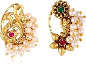 Vighnaharta Golden Moti Pearls Nath Nathiya nose pin Gold Plated Alloy two Nose Ring for woment [VFJ1134Red-1180NTH-Press-Multi]