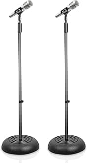 Universal Compact Base Microphone Stand - 2.8 to 5 Ft Height Adjustable Heavy Duty Lightweight Studio Floor Standing Mic Holder w/Standard 5/8" Mic Adapter - Pyle PMKS5X2 (Pair)