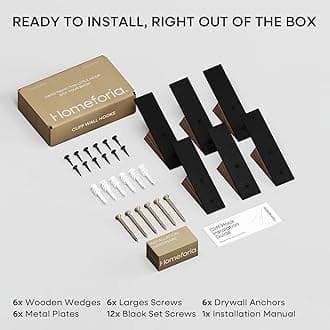 Homeforia Walnut Wood Coat Hooks, High End Walnut Wood & Black Metal Wall Mounted Coat Hooks, Mid-Century Modern Clothes Hooks, Heavy Duty Wooden Hooks for Hanging Coats, Hats, Towels & More, Set of 6