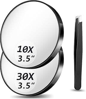 10X&30X Magnifying Mirror Set, 3.5" Mirror with Suction Cups & Tweezers, Portable Travel Set with Storage Bag (Black)