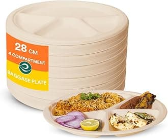 ECO SOUL [11 inch, 100 Pack, 4-Compartment] Disposable Bagasse Plates | Eco-Friendly, Biodegradable, Sugarcane Paper Plates | for Serving Snacks | Birthday, Wedding & Party | Round, Beige (28 cm)