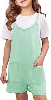 Girls Summer Jumpsuits Spaghetti Strap Sleeveless Loose Romper Short Pants with Pockets 5-14 Years