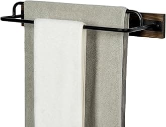 MyGift 2 Tier Wall Mounted Industrial Matte Black Metal Towel Holder Bar on Rustic Burnt Solid Wood, 18 Inch Dual Rails for Hanging Bathroom Hand Towels