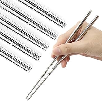MUYOS Stainless Steel Chopsticks Reusable Multicolor Lightweight 304 Metal Chopsticks Dishwasher Safe - 5 Pairs (Silver)