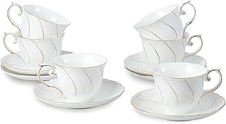 Agyiuns Tea Cups Set Of 6, Tea Cup And Saucer Set,6oz for Tea,Coffee, Latte, Cafe Mocha, Porcelain Tea Party Set (White with gold thread set of 6)