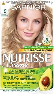 Nutrisse Ultra Crème Vegan Hair Dye, 9 Light Blonde. Provides 100% grey coverage and bright, luminous 8-week colour. Gentle, no-ammonia, and vegan for a stunning, light blonde transformation.