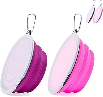 SLSON Dog Bowls Pet Collapsible Bowl with Cover Lids,2 Pack Dog Travel Bowls Portable Foldable Cat Water Dish Bowl for Pets Walking Parking Camping (Pink and Purple, Large)