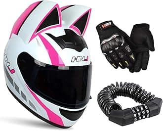 Personality Cat Ear Full Face Motorcycle Street Helmets Men Women Cat Helmet with Ears, with Gloves & Password Lock,Pink White,M